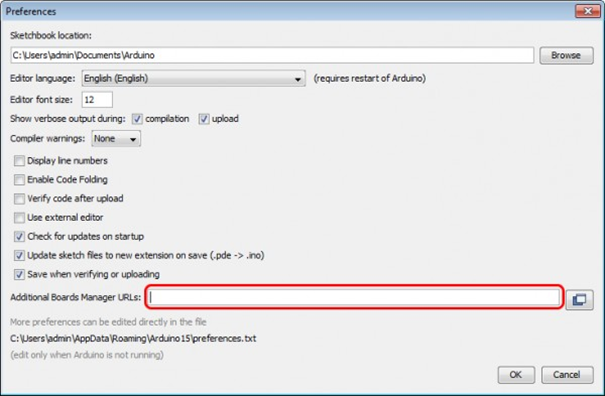Adding the ESP8266 board manager URL