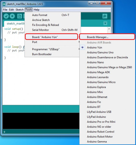 Tools menu showing Boards Manager