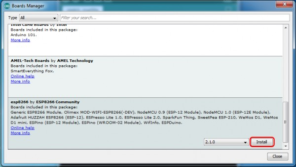 Boards Manager with esp8266 search result