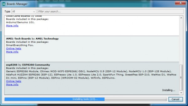 Selecting ESP8266 version 2.1.0